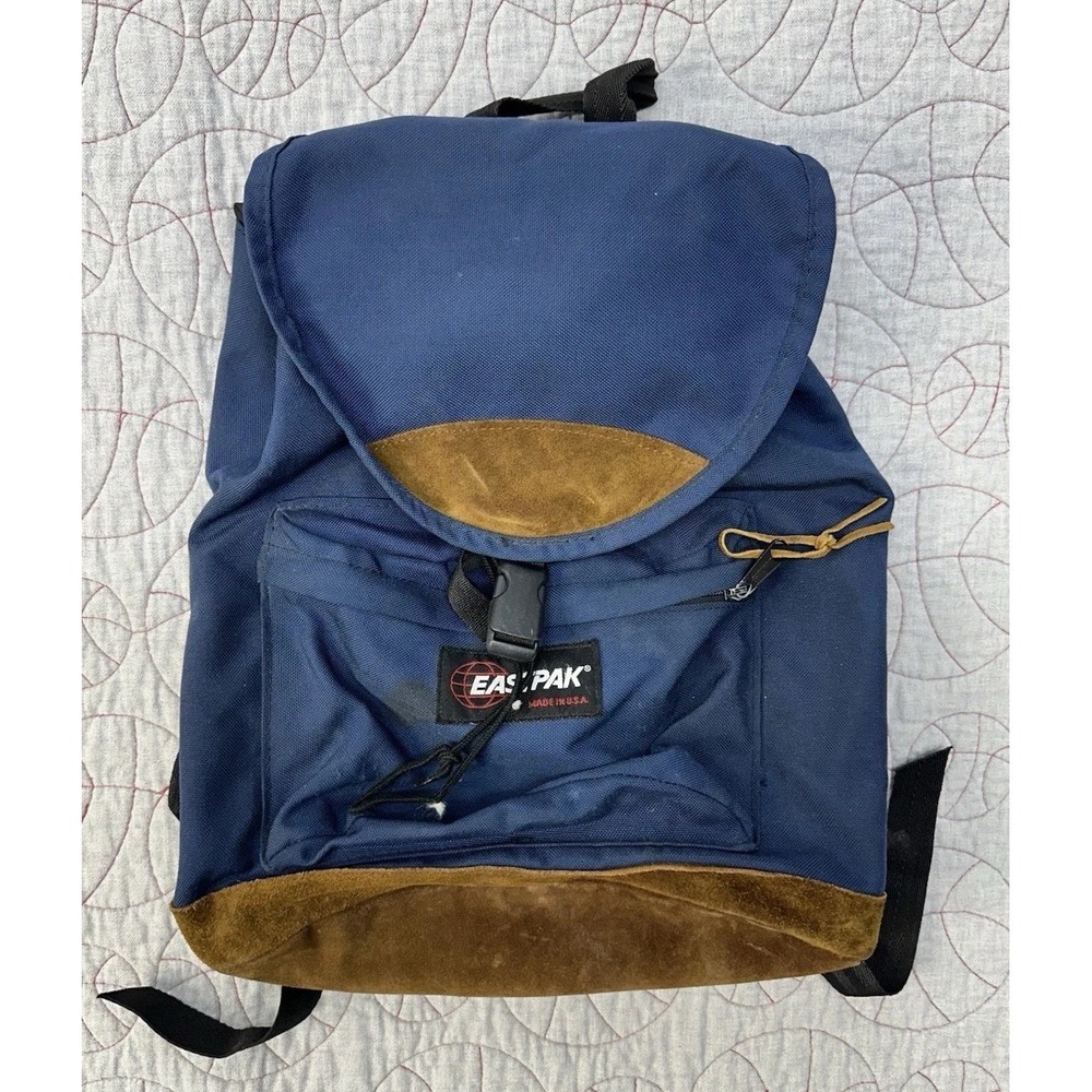 Eastpak Backpack Blue Leather Bottom VTG 90s USA / Mens Large